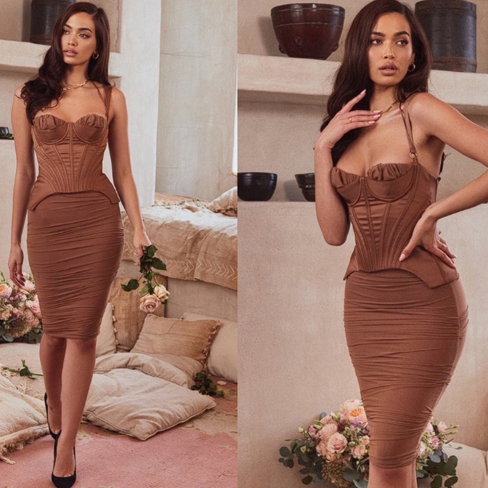 House of CB Tayla Toffee Tan Brown Corset Midi Small Ruched Sleeveless Bodycon